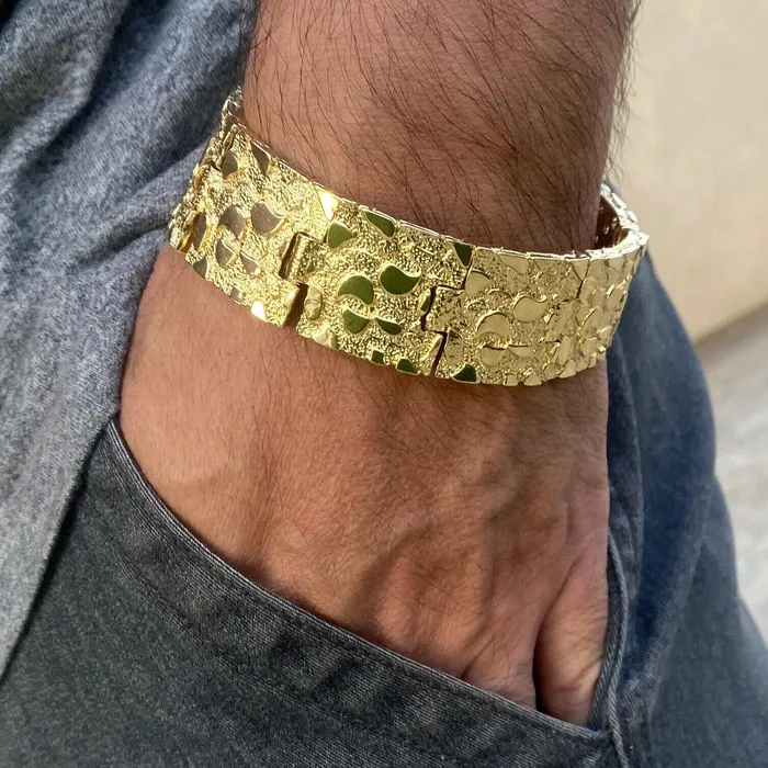 AMERICAN TIME Mens 14K Gold Finish Gold Nugget Bracelet Big 24MM Thick x 8 Inch Bracelets AMERICAN TIME Mens 14K Gold Finish Gold Nugget Bracelet Big 24MM Thick x 8 Inch Bracelets