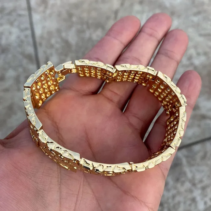 AMERICAN TIME Mens 14K Gold Finish Gold Nugget Bracelet Big 24MM Thick x 8 Inch Bracelets AMERICAN TIME Mens 14K Gold Finish Gold Nugget Bracelet Big 24MM Thick x 8 Inch Bracelets