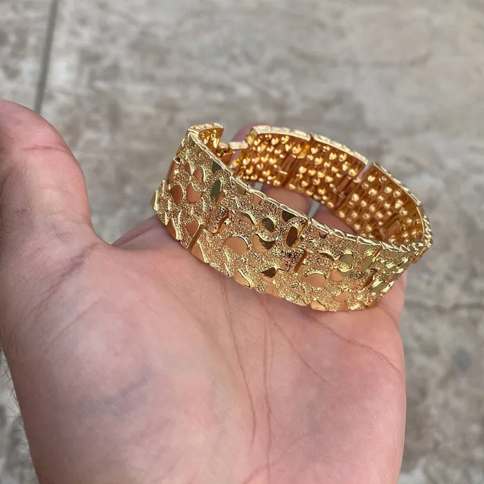 AMERICAN TIME Mens 14K Gold Finish Gold Nugget Bracelet Big 24MM Thick x 8 Inch Bracelets AMERICAN TIME Mens 14K Gold Finish Gold Nugget Bracelet Big 24MM Thick x 8 Inch Bracelets