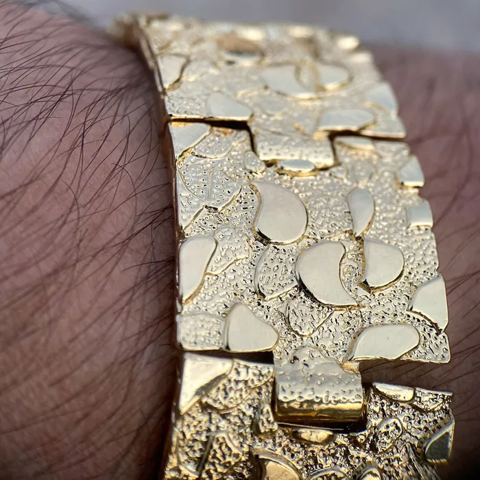 AMERICAN TIME Mens 14K Gold Finish Gold Nugget Bracelet Big 24MM Thick x 8 Inch Bracelets AMERICAN TIME Mens 14K Gold Finish Gold Nugget Bracelet Big 24MM Thick x 8 Inch Bracelets