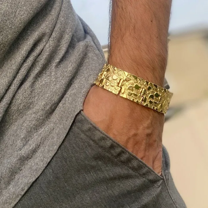 AMERICAN TIME Mens 14K Gold Finish Gold Nugget Bracelet Big 24MM Thick x 8 Inch Bracelets AMERICAN TIME Mens 14K Gold Finish Gold Nugget Bracelet Big 24MM Thick x 8 Inch Bracelets