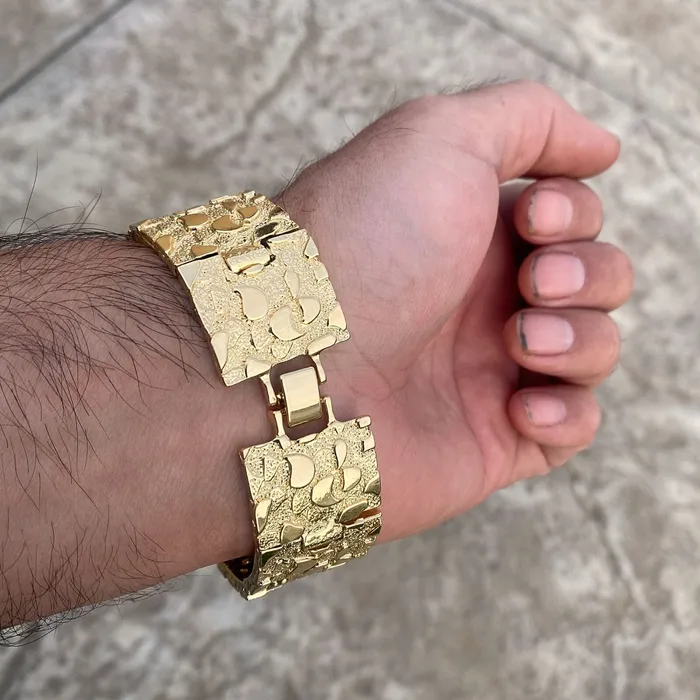 AMERICAN TIME Mens 14K Gold Finish Gold Nugget Bracelet Big 24MM Thick x 8 Inch Bracelets AMERICAN TIME Mens 14K Gold Finish Gold Nugget Bracelet Big 24MM Thick x 8 Inch Bracelets