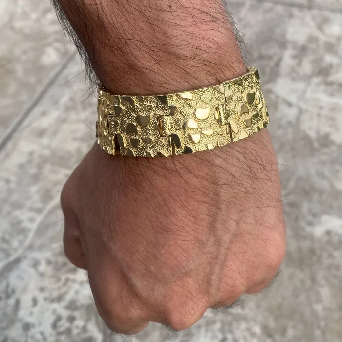 AMERICAN TIME Mens 14K Gold Finish Gold Nugget Bracelet Big 24MM Thick x 8 Inch Bracelets AMERICAN TIME Mens 14K Gold Finish Gold Nugget Bracelet Big 24MM Thick x 8 Inch Bracelets