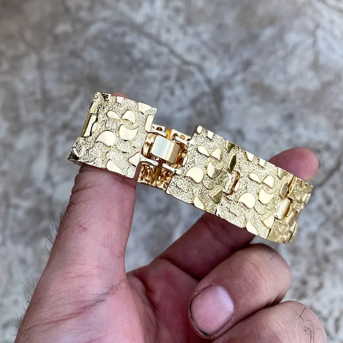 AMERICAN TIME Mens 14K Gold Finish Gold Nugget Bracelet Big 24MM Thick x 8 Inch Bracelets AMERICAN TIME Mens 14K Gold Finish Gold Nugget Bracelet Big 24MM Thick x 8 Inch Bracelets