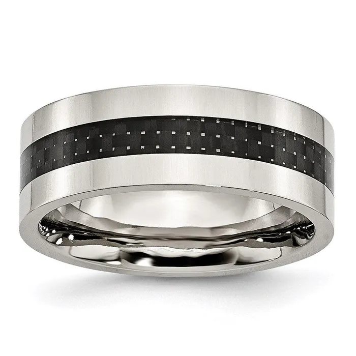 Chisel Rings Stainless Steel Black Carbon Fiber Inlay Flat 8mm Polished Band Chisel Rings Stainless Steel Black Carbon Fiber Inlay Flat 8mm Polished Band
