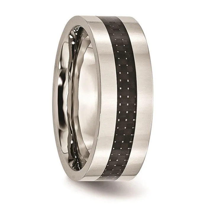 Chisel Rings Stainless Steel Black Carbon Fiber Inlay Flat 8mm Polished Band Chisel Rings Stainless Steel Black Carbon Fiber Inlay Flat 8mm Polished Band