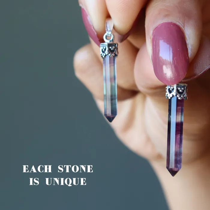 Fluorite Pendant Rainbow Sword Sterling Silver Satin Crystals Necklaces