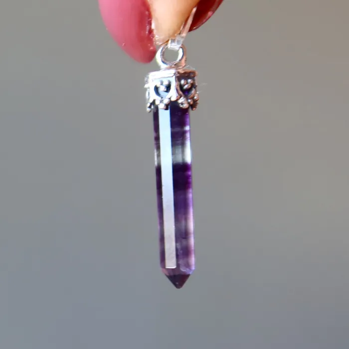 Fluorite Pendant Rainbow Sword Sterling Silver Satin Crystals Necklaces