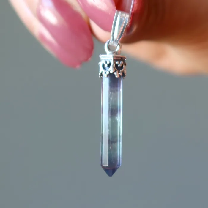 Fluorite Pendant Rainbow Sword Sterling Silver Satin Crystals Necklaces