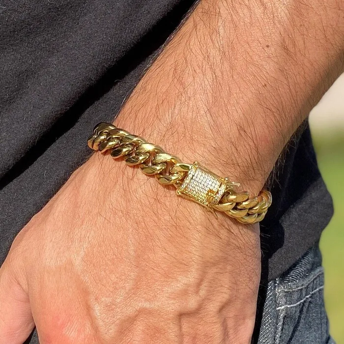 Harlem Bracelets 14K Gold Plated Stainless Steel Miami Cuban Bracelet Iced VVS D Moissanite Clasp 12MM 85 Harlem Bracelets 14K Gold Plated Stainless Steel Miami Cuban Bracelet Iced VVS D Moissanite Clasp 12MM 85
