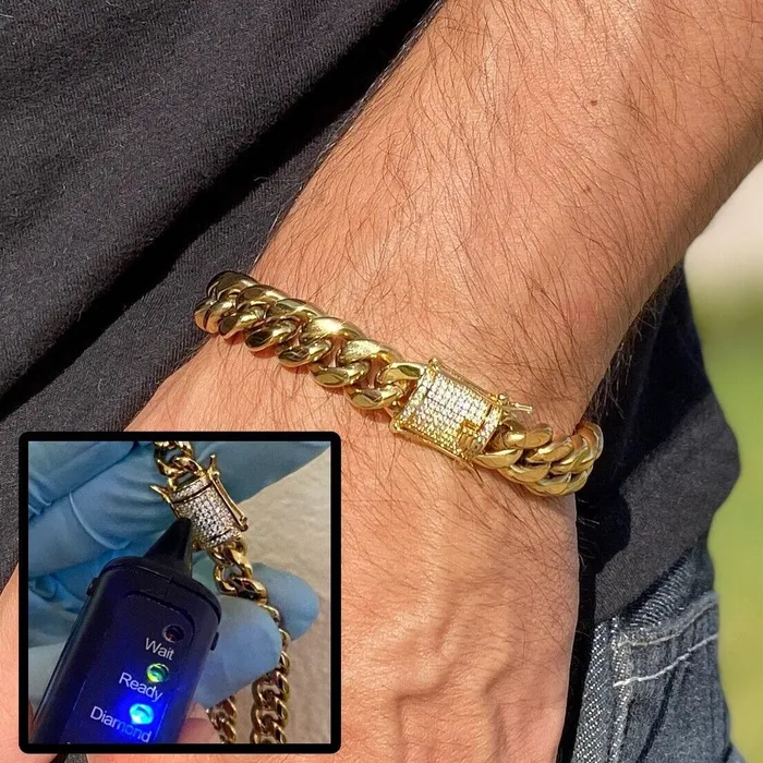 Harlem Bracelets 14K Gold Plated Stainless Steel Miami Cuban Bracelet Iced VVS D Moissanite Clasp 12MM 85 Harlem Bracelets 14K Gold Plated Stainless Steel Miami Cuban Bracelet Iced VVS D Moissanite Clasp 12MM 85