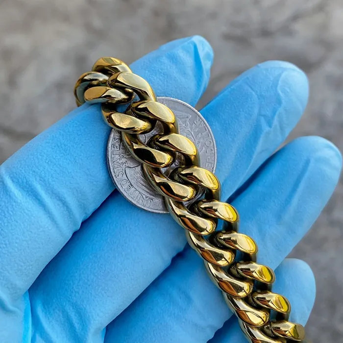 Harlem Bracelets 14K Gold Plated Stainless Steel Miami Cuban Bracelet Iced VVS D Moissanite Clasp 12MM 85 Harlem Bracelets 14K Gold Plated Stainless Steel Miami Cuban Bracelet Iced VVS D Moissanite Clasp 12MM 85