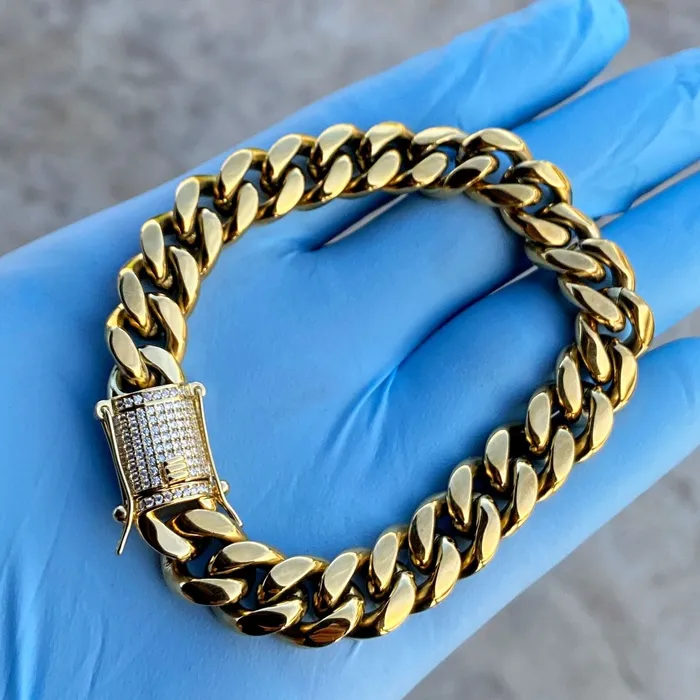 Harlem Bracelets 14K Gold Plated Stainless Steel Miami Cuban Bracelet Iced VVS D Moissanite Clasp 12MM 85 Harlem Bracelets 14K Gold Plated Stainless Steel Miami Cuban Bracelet Iced VVS D Moissanite Clasp 12MM 85