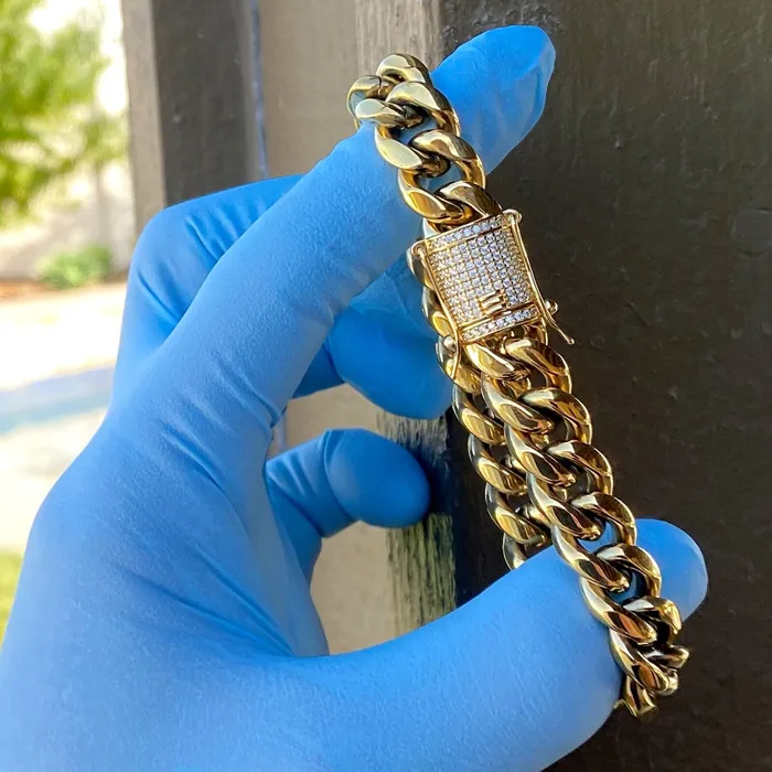 Harlem Bracelets 14K Gold Plated Stainless Steel Miami Cuban Bracelet Iced VVS D Moissanite Clasp 12MM 85 Harlem Bracelets 14K Gold Plated Stainless Steel Miami Cuban Bracelet Iced VVS D Moissanite Clasp 12MM 85