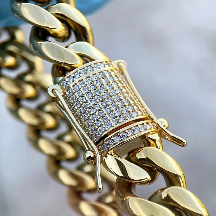 Harlem Bracelets 14K Gold Plated Stainless Steel Miami Cuban Bracelet Iced VVS D Moissanite Clasp 12MM 85 Harlem Bracelets 14K Gold Plated Stainless Steel Miami Cuban Bracelet Iced VVS D Moissanite Clasp 12MM 85