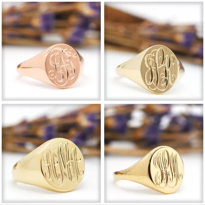 Mens Square Signet Ring Medium Hand Engraved Script Monogram deBebians Rings