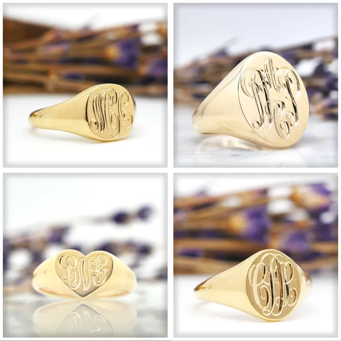 Mens Square Signet Ring Medium Hand Engraved Script Monogram deBebians Rings