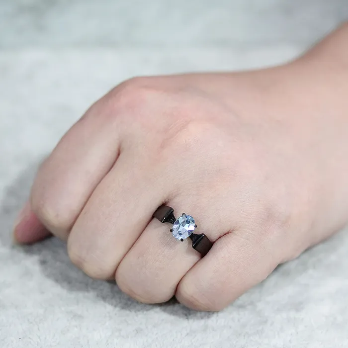 Rings Alamode TK3740 IP Black Stainless Steel Ring with Top Grade Crystal in Aquamarine