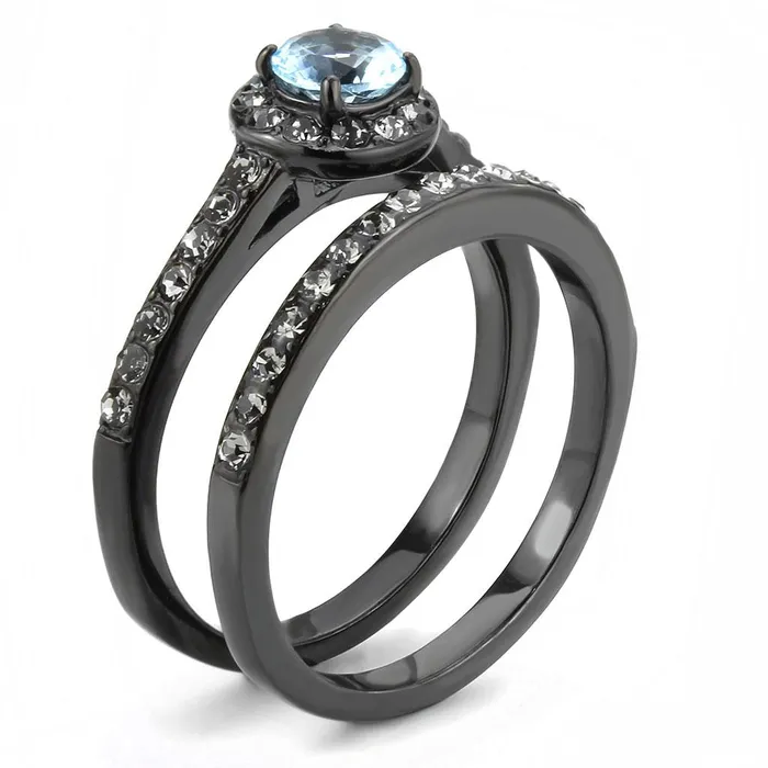 Rings TK3634 IP BlackIon Plating Stainless Steel Ring with Synthetic Synthetic Glass in Sea Blue Alamode