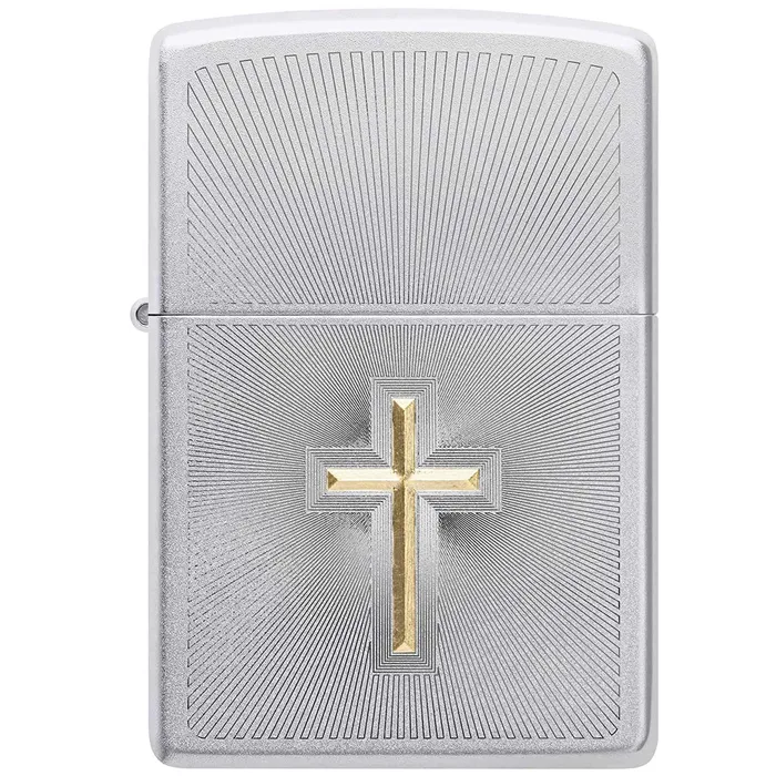 Rings Zippo Zippo Windproof Lighter Two Tone Cross Design Satin Chrome Metal Finish 48581