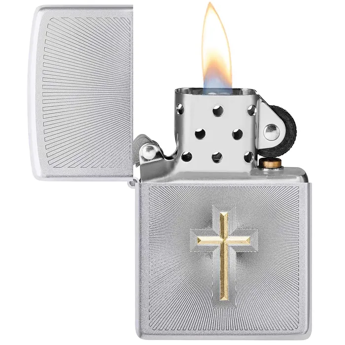 Rings Zippo Zippo Windproof Lighter Two Tone Cross Design Satin Chrome Metal Finish 48581