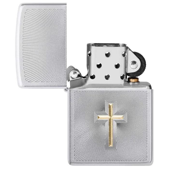 Rings Zippo Zippo Windproof Lighter Two Tone Cross Design Satin Chrome Metal Finish 48581