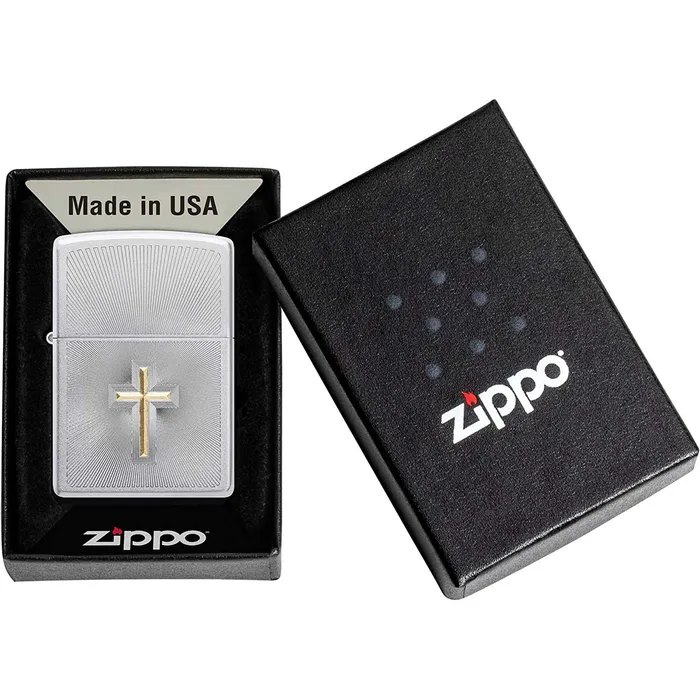 Rings Zippo Zippo Windproof Lighter Two Tone Cross Design Satin Chrome Metal Finish 48581