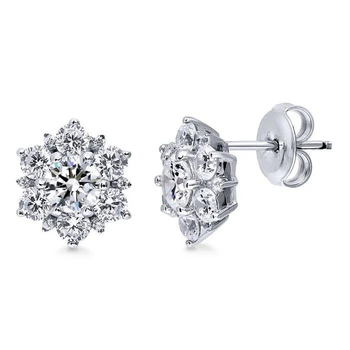 BERRICLE Flower Halo CZ Stud Earrings in Sterling Silver Earrings