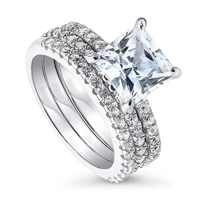 BERRICLE Solitaire Hidden Halo 3ct Princess CZ Ring Set in Sterling Silver Rings