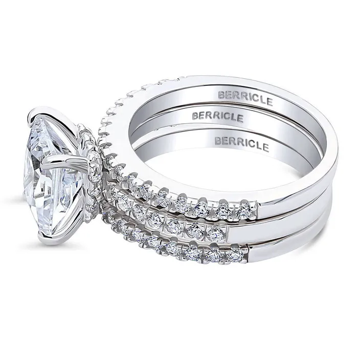 BERRICLE Solitaire Hidden Halo 3ct Princess CZ Ring Set in Sterling Silver Rings