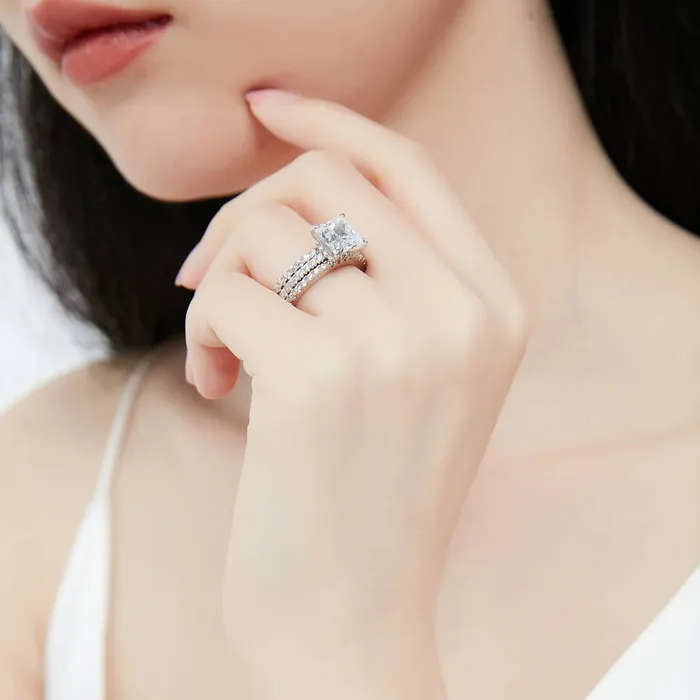 BERRICLE Solitaire Hidden Halo 3ct Princess CZ Ring Set in Sterling Silver Rings