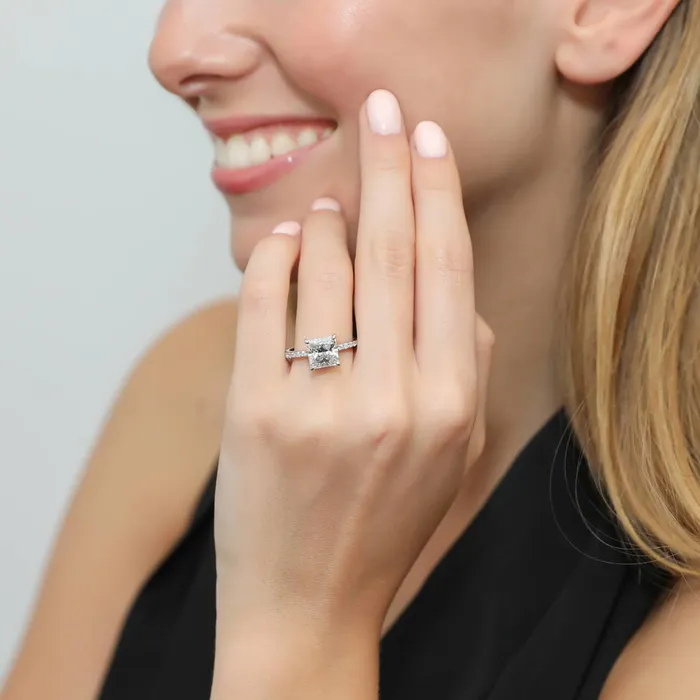 BERRICLE Solitaire Hidden Halo 3ct Princess CZ Ring Set in Sterling Silver Rings