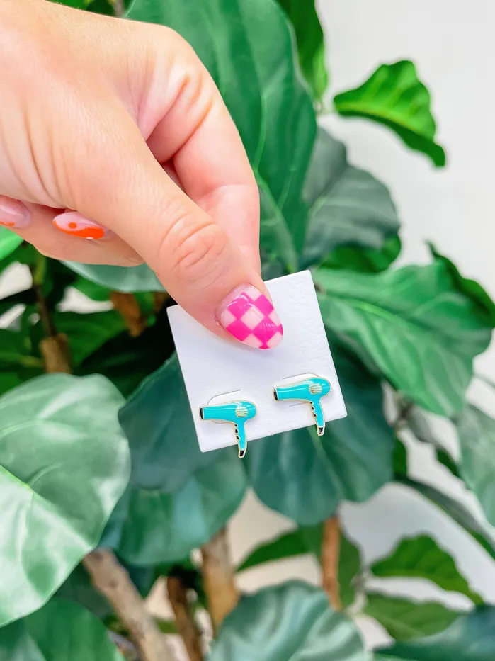 Hair Blow Dryer Signature Enamel Stud Earrings Mint Prep Obsessed LM Earrings