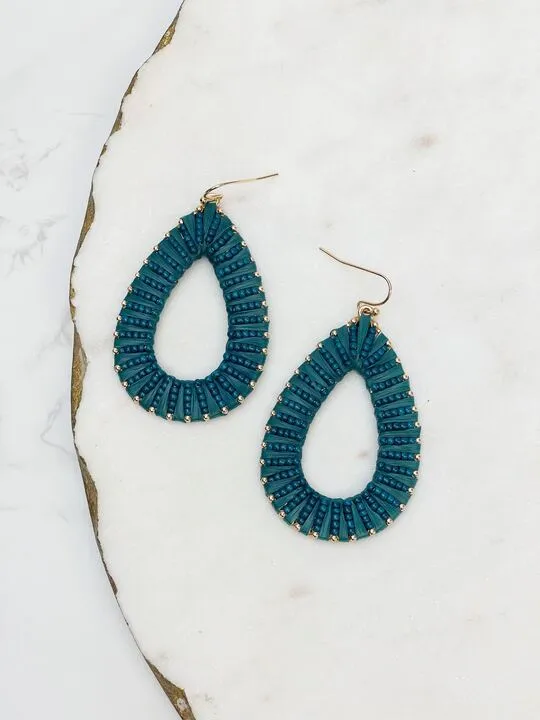 Prep Obsessed CT Earrings Oval Raffia Beaded Dangle Earrings Teal