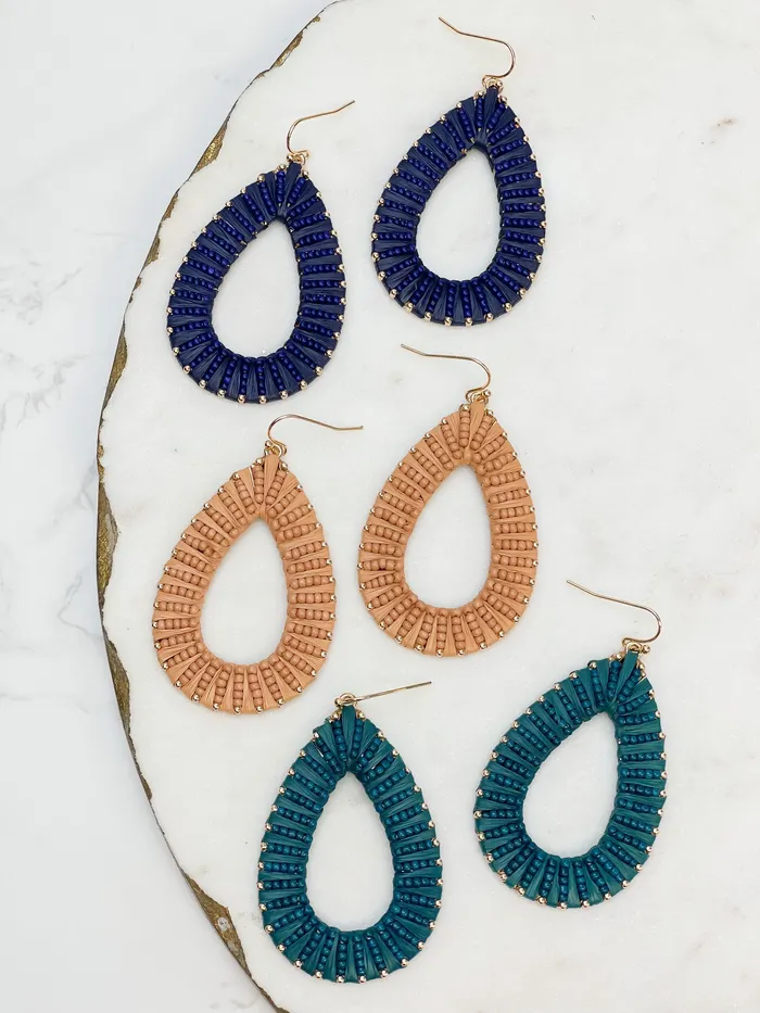 Prep Obsessed CT Earrings Oval Raffia Beaded Dangle Earrings Teal