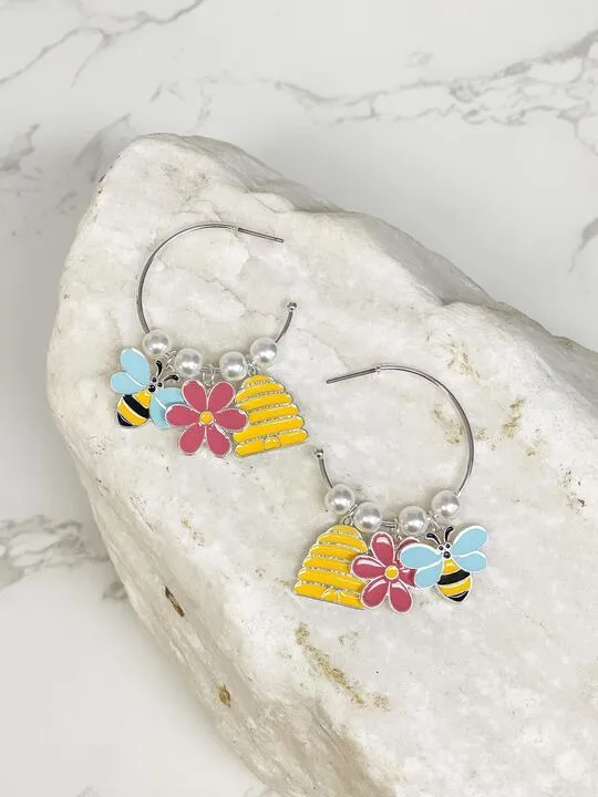 Prep Obsessed MOA Earrings Bee Charm Pearl Hoop Earrings